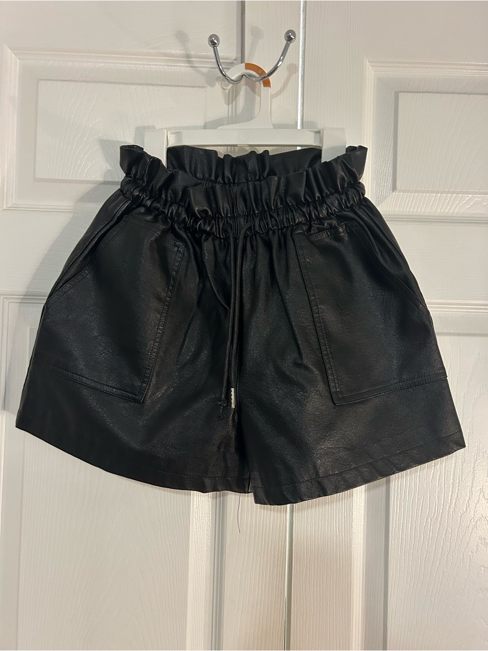 High-Waist Black Faux Leather Paperbag Shorts with Front Pockets